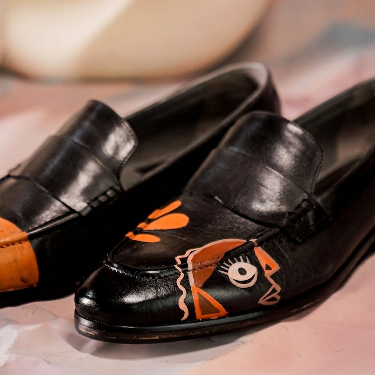 Black Hand-Painted Leather Penny Loafers with Abstract Artistic Design