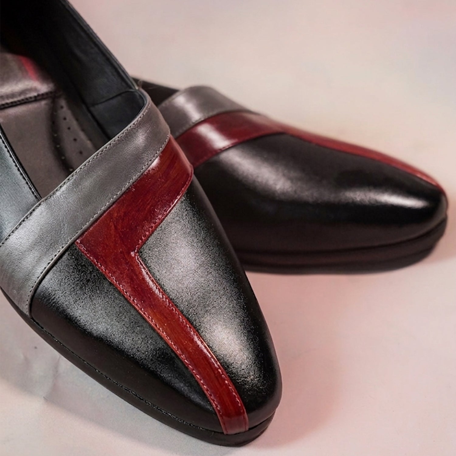 Black & Burgundy Leather Slip-On Formal Loafers for Men