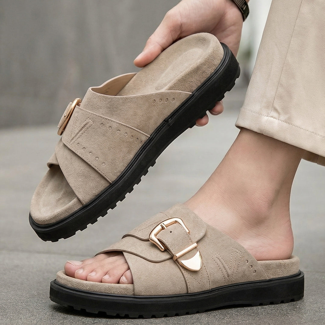 Beige Slip-On Sandals with Gold Buckle | Stylish Comfort Flat Slides for Women