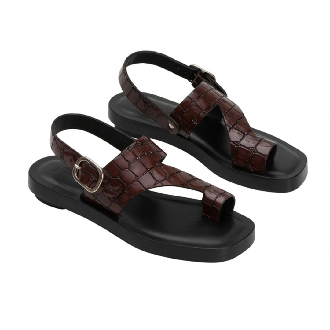 Brown Croc-Texture Slingback Sandals | Stylish Toe-Ring Flats for Women