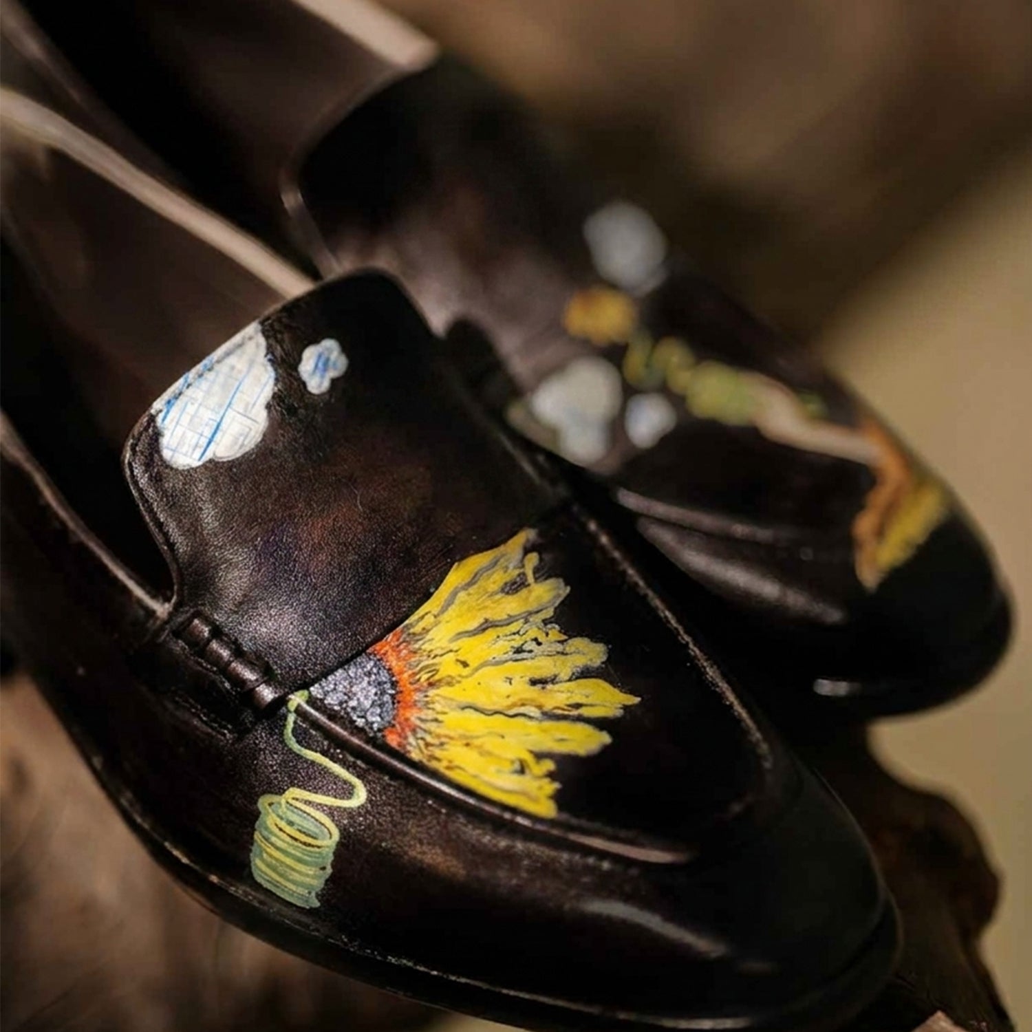 Black Hand-Painted Artistic Leather Loafers for Men