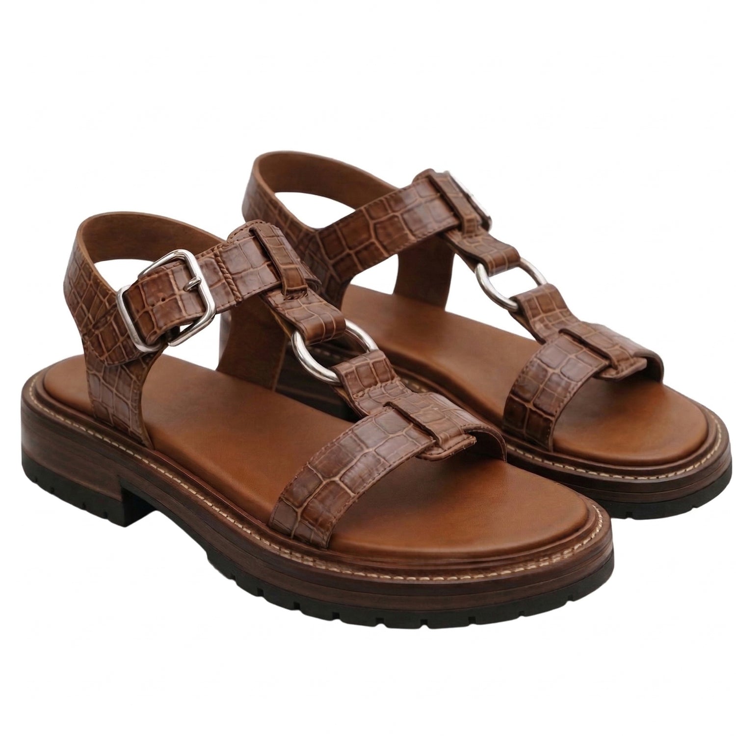 Brown Croc-Textured Strappy Sandals for Women with Adjustable Buckle