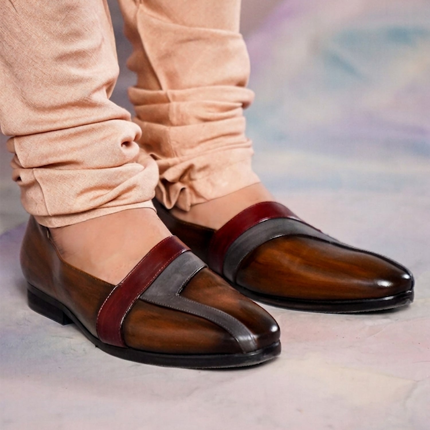 Brown & Burgundy Leather Slip-On Loafers for Men – Elegant Formal Shoes