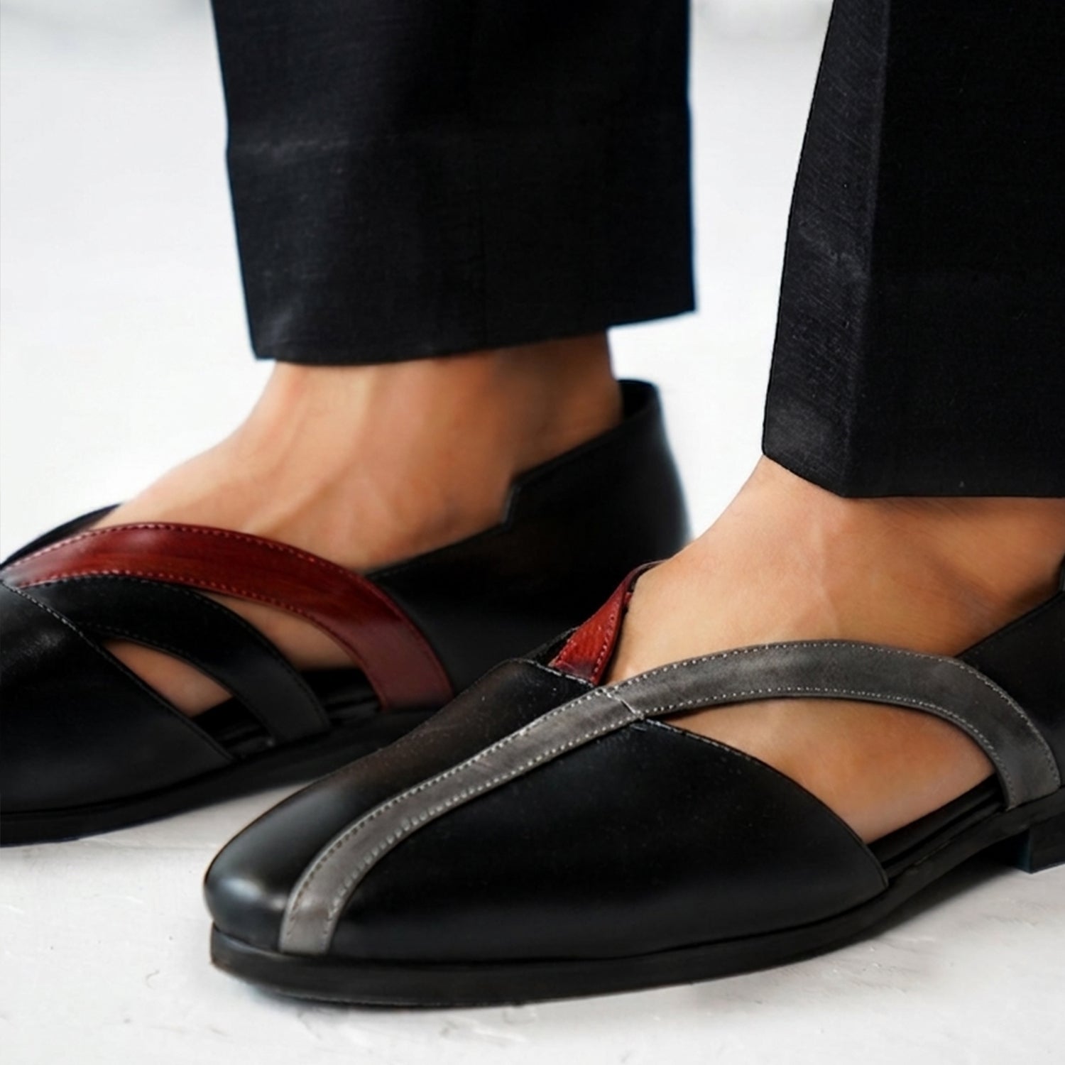 Modern Black Leather Cut-Out Loafers for Men – Stylish Cross-Strap Slip-On Shoes