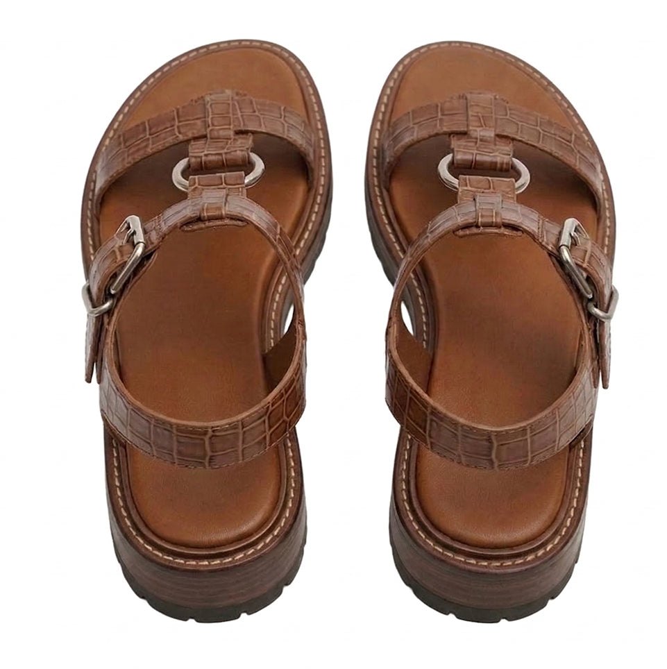 Brown Croc-Textured Strappy Sandals for Women with Adjustable Buckle