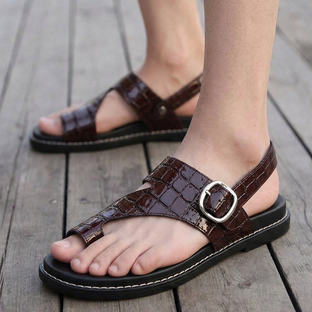 Brown croc-texture slingback sandals with toe-ring design and adjustable buckle strap for women