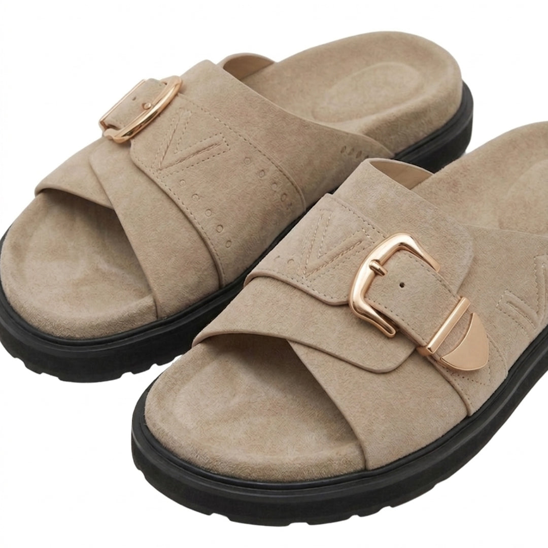 Beige Slip-On Sandals with Gold Buckle | Stylish Comfort Flat Slides for Women