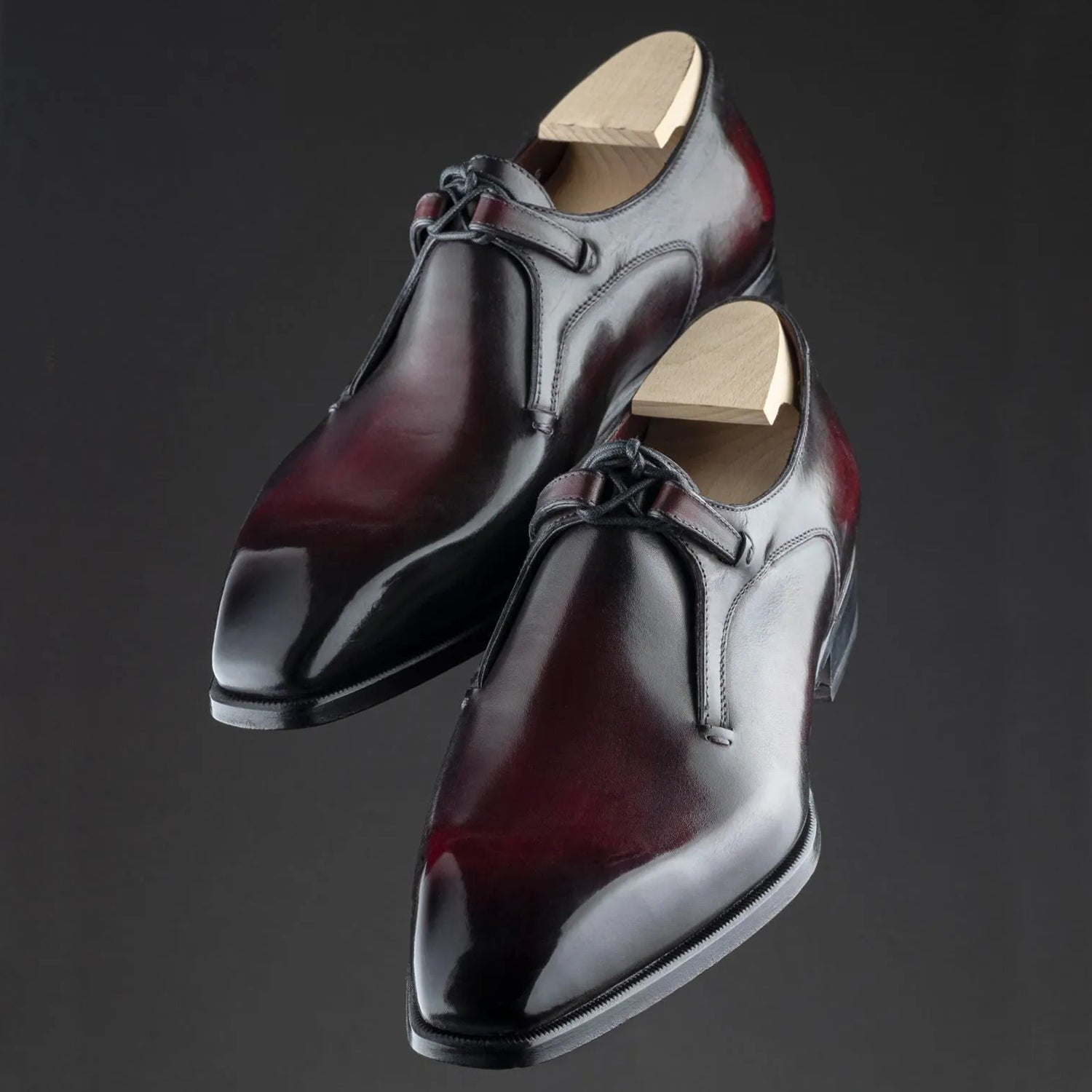 Premium men's black and burgundy handcrafted genuine leather T-Bar formal dress shoes with glossy finish, almond toe design, cushioned sole, and luxury craftsmanship for weddings, office wear, business meetings, and party occasions.