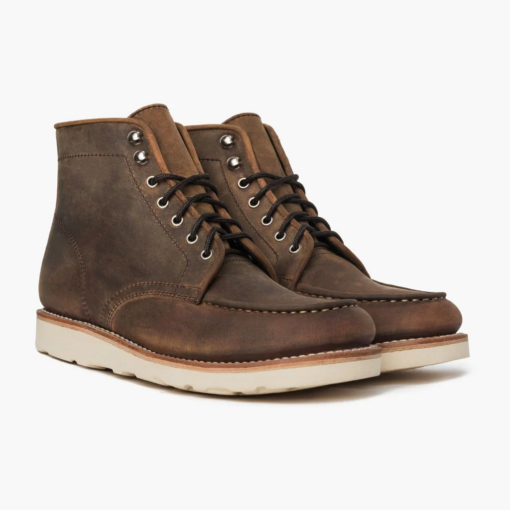 Blaze Horizon Burnt Copper Moc Toe Leather Boots with hand-stitched moc toe detailing, rich burnt copper leather, Vibram sole for grip, cork midsole for comfort, antique-style metallic eyelets, and robust laces.
