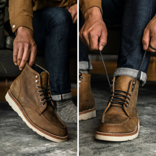Blaze Horizon Burnt Copper Moc Toe Leather Boots with hand-stitched moc toe detailing, rich burnt copper leather, Vibram sole for grip, cork midsole for comfort, antique-style metallic eyelets, and robust laces.

