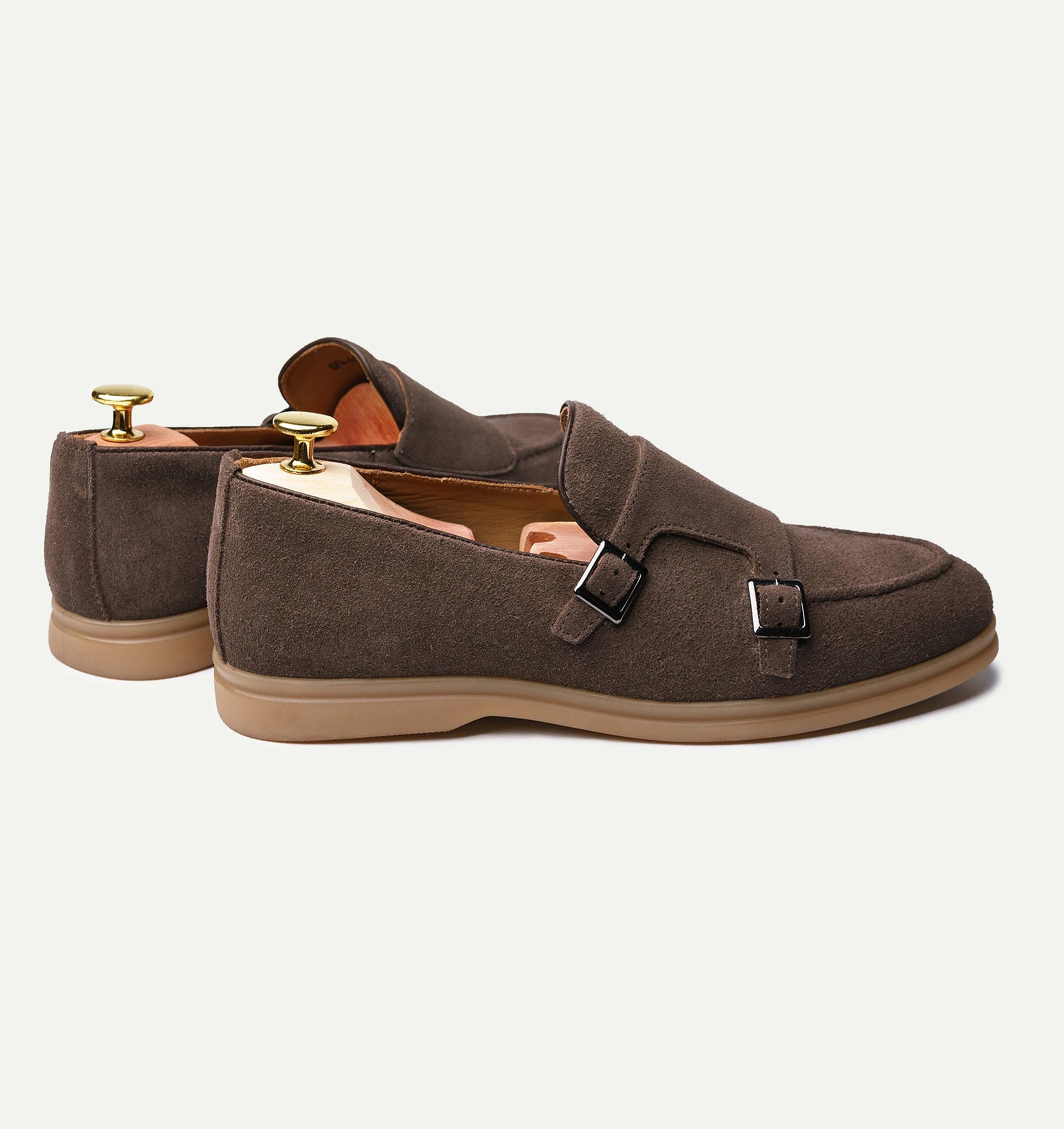 Men’s dark brown suede leather monk strap loafers with buckle closure, slip on design and cushioned sole smart casual footwear