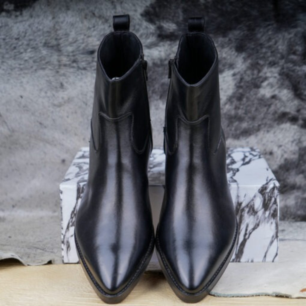 Black Leather Fiorina Slip On Zipper Pointed Boots for Men – AW25