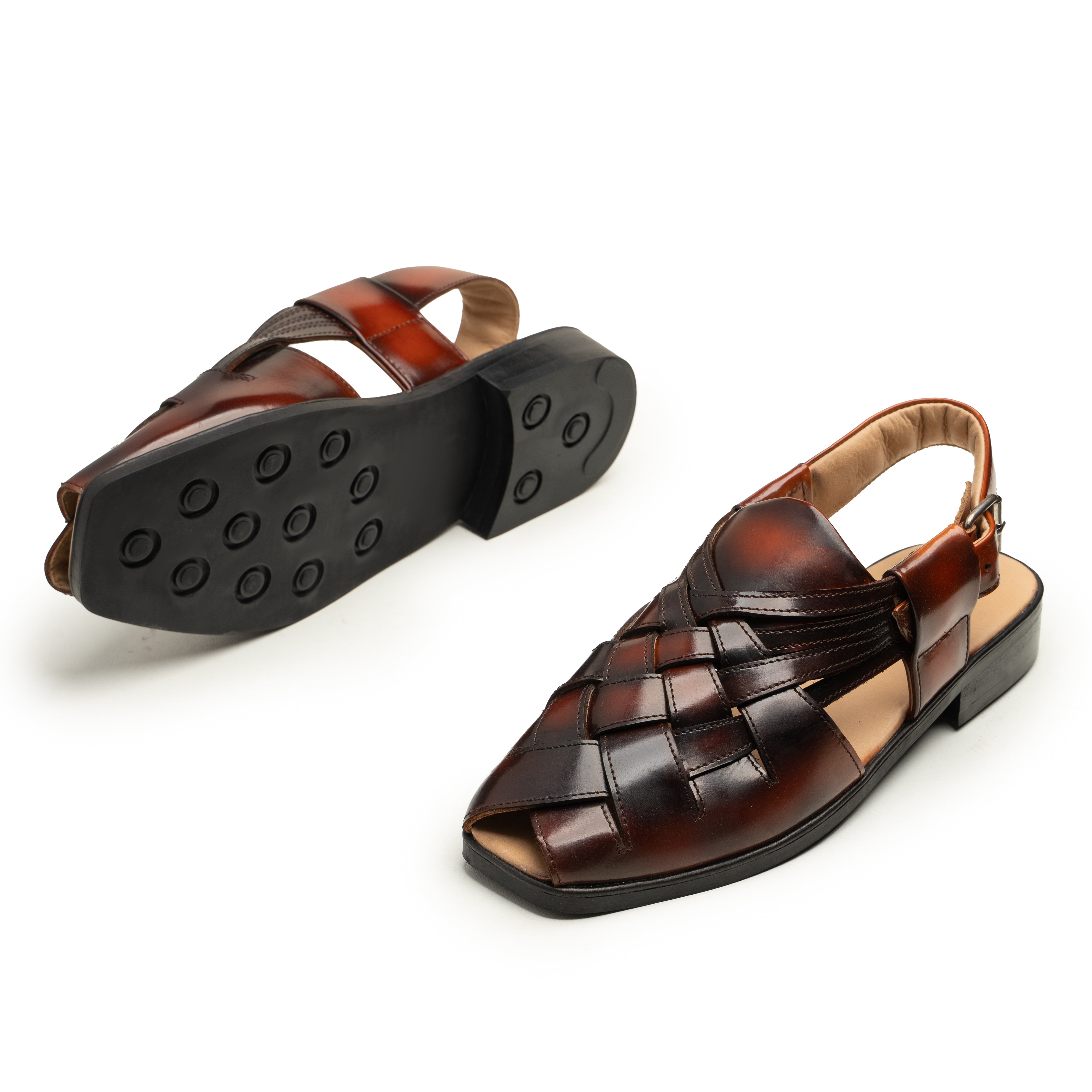 Men’s Genuine Leather Kolhapuri Sandals | Handcrafted Brown Open-Toe Ethnic Peshawari Footwear