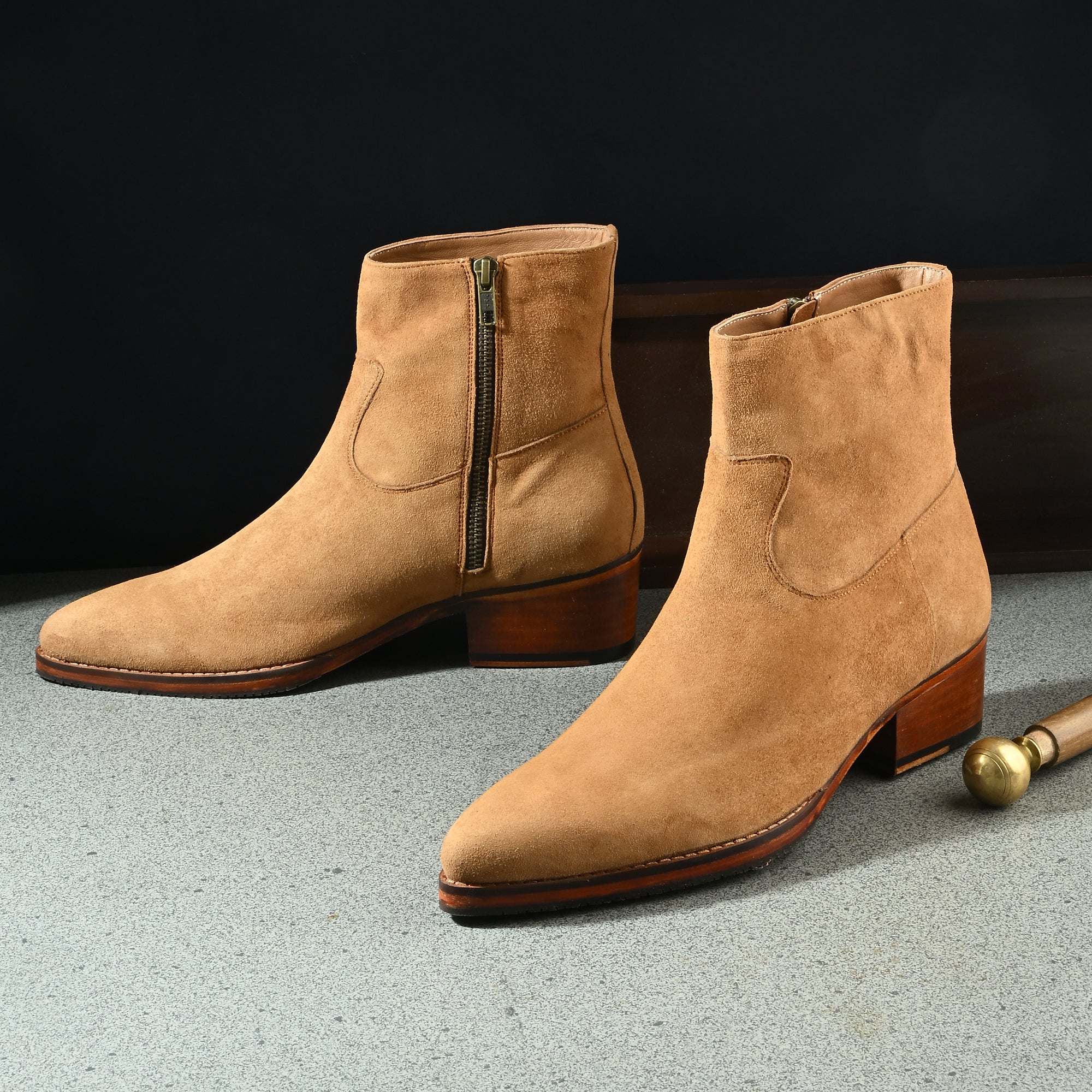 Men’s Tan Suede Chelsea Boots – Classic Western-Inspired High Ankle Boots with Block Heel