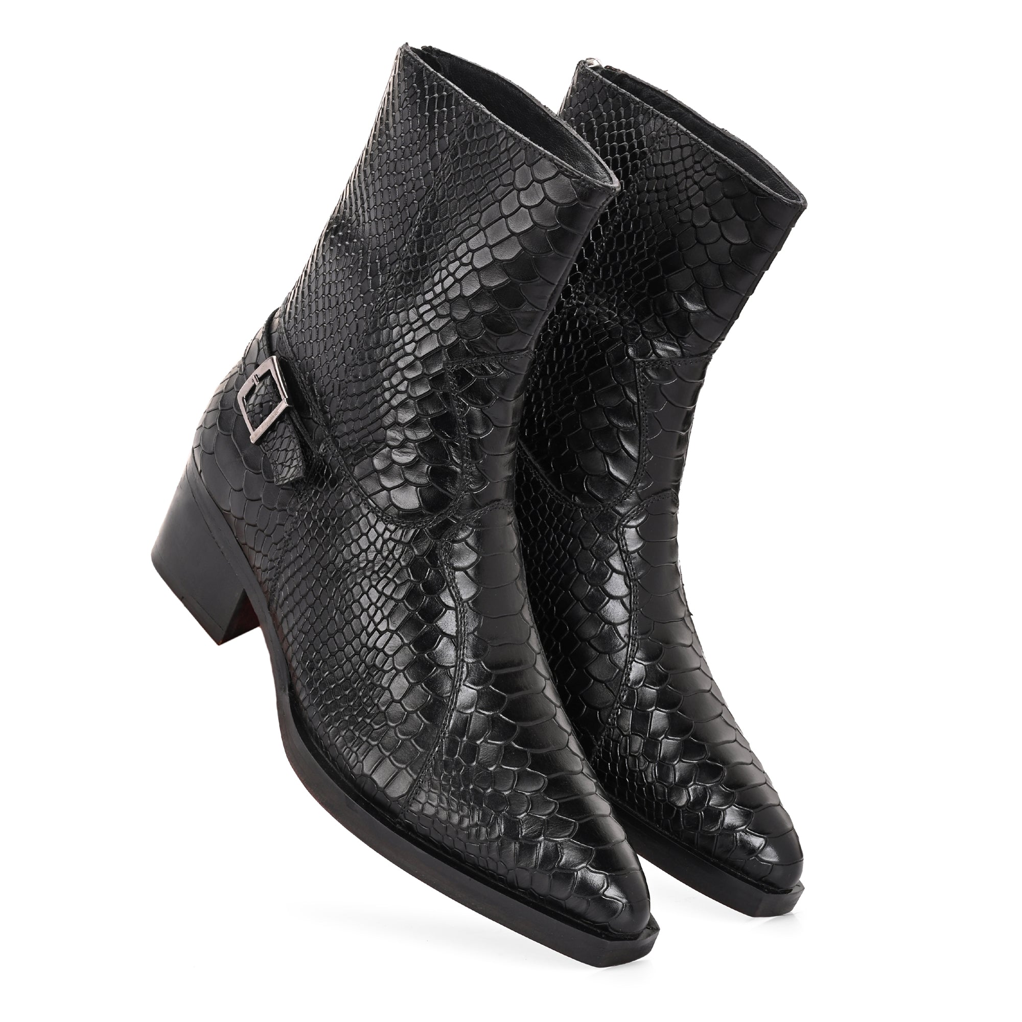 Men’s Black Snakeskin Boots – Exotic Patterned High Ankle Boots with Side Buckle