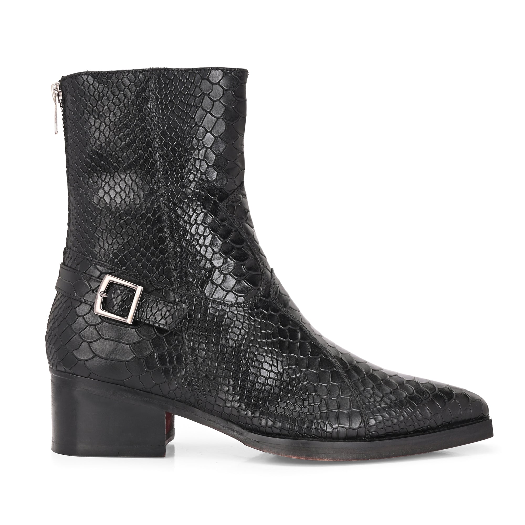 Men’s Black Snakeskin Boots – Exotic Patterned High Ankle Boots with Side Buckle