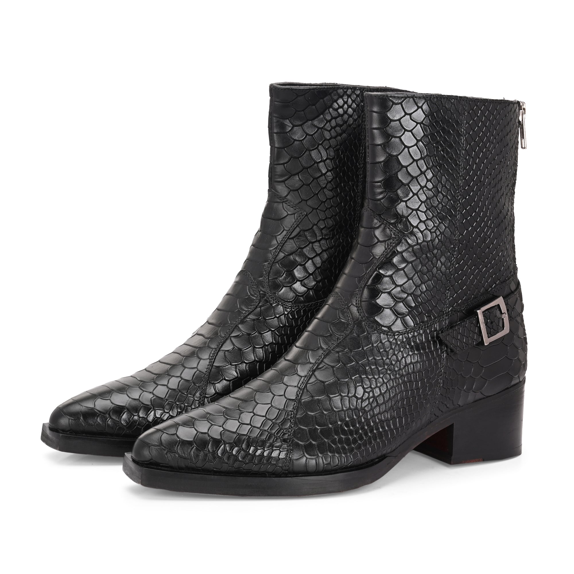 Men’s Black Snakeskin Boots – Exotic Patterned High Ankle Boots with Side Buckle