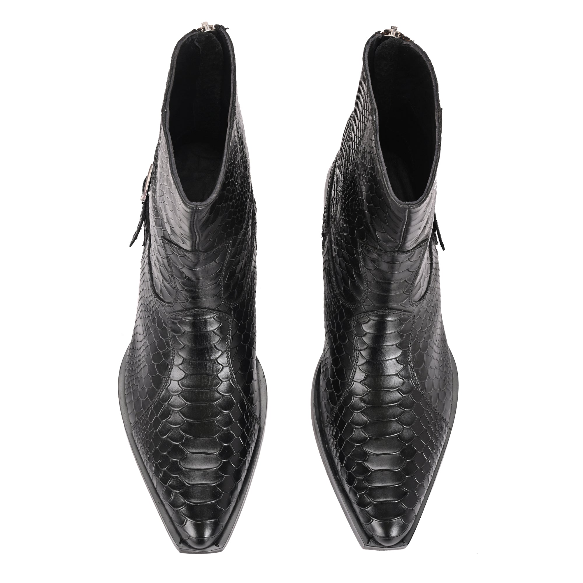 Men’s Black Snakeskin Boots – Exotic Patterned High Ankle Boots with Side Buckle