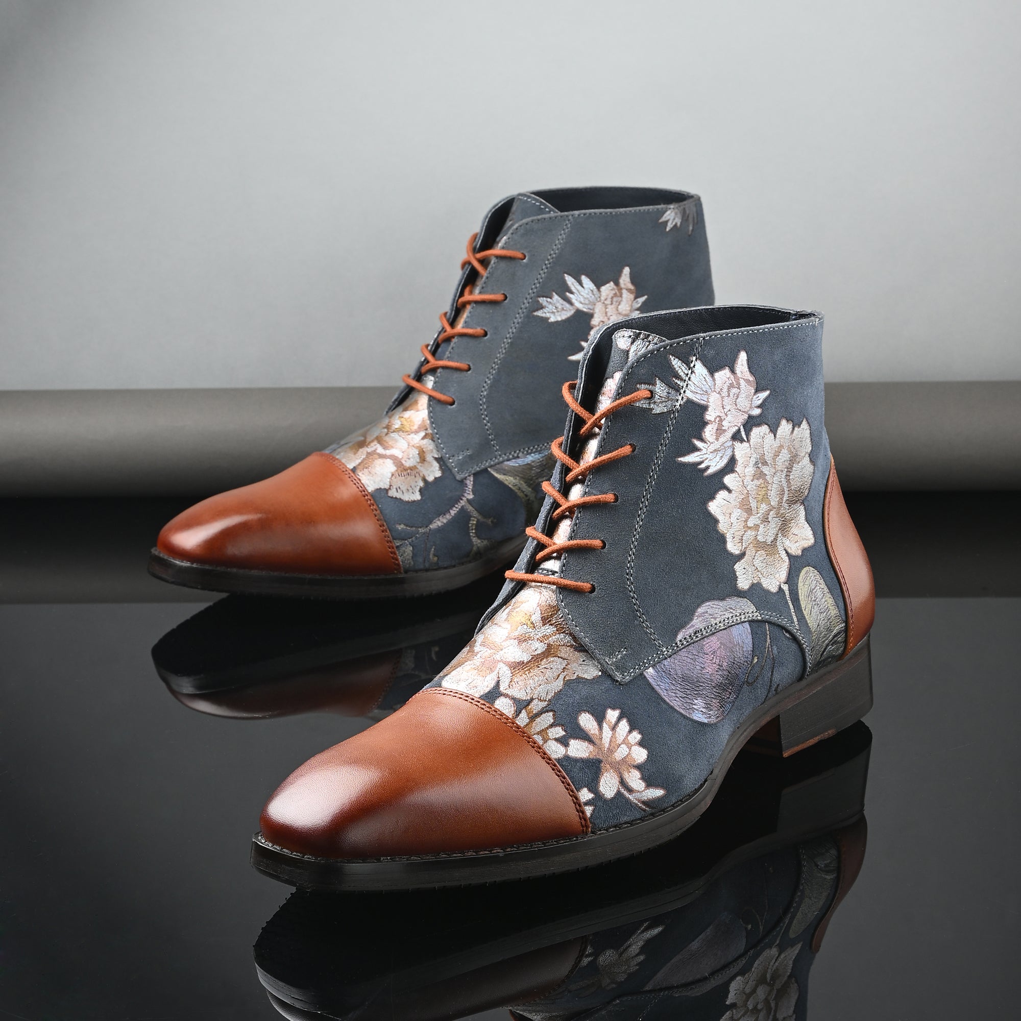 Men’s Floral Printed Leather Boots – Stylish Handcrafted Ankle Boots for Men