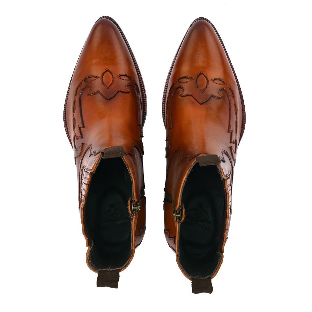Western Cowboy Brown Leather Boots with Laser-Cut Detailing