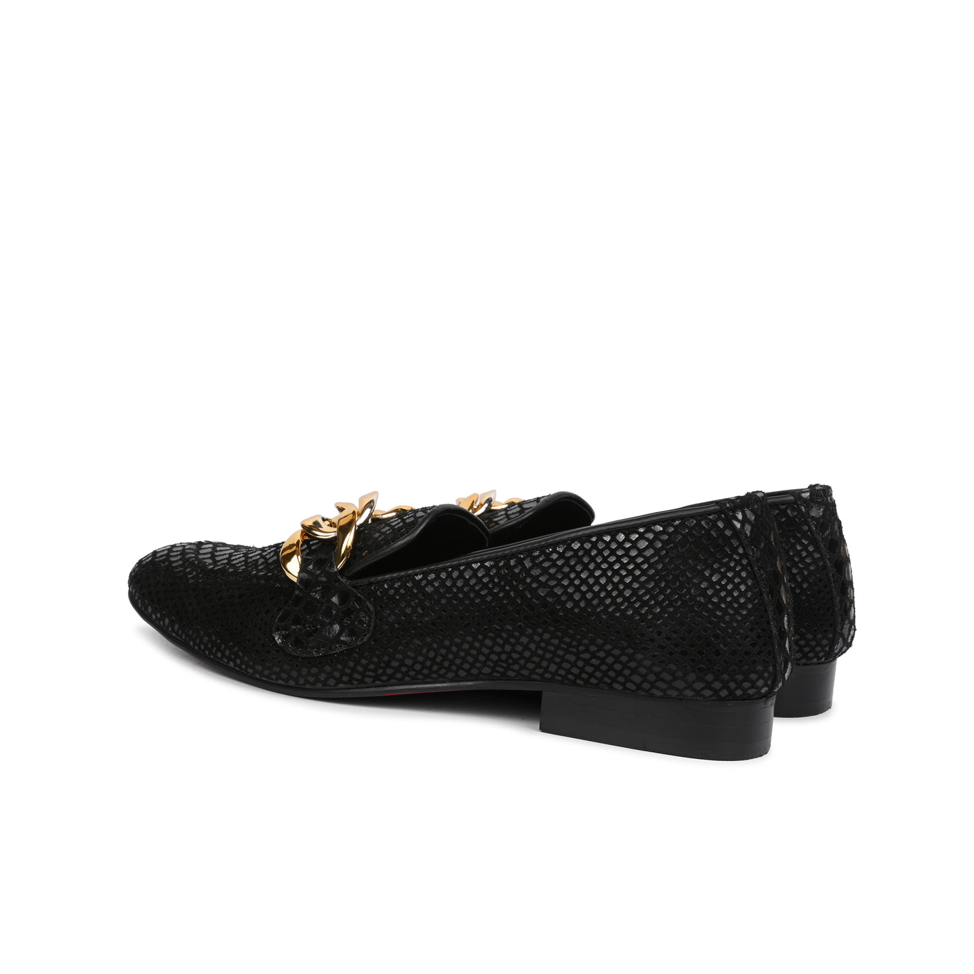 Men's Black Snake Print Leather Loafers with Gold Chain | Luxury Slip-On Shoes
