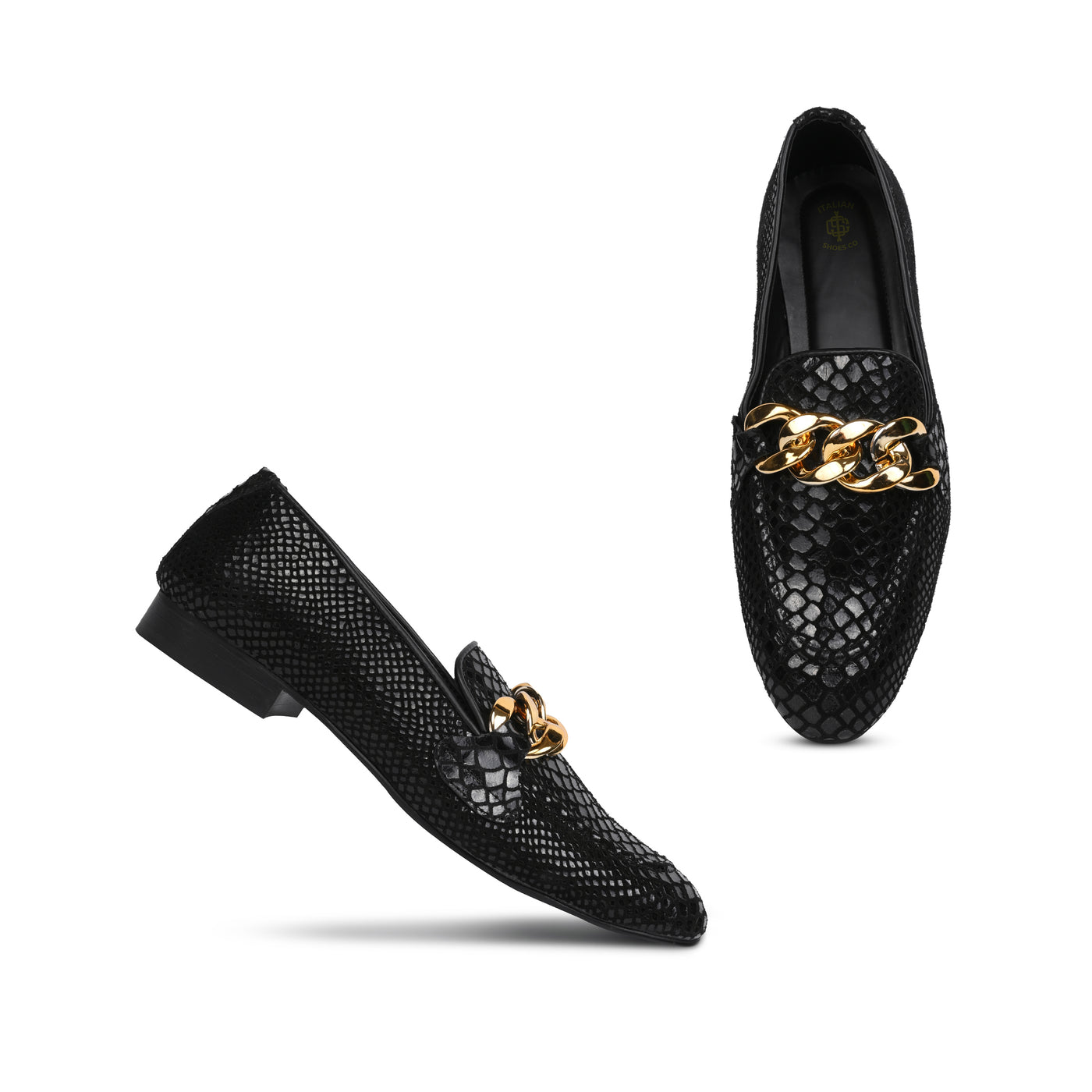 Men's Black Snake Print Leather Loafers with Gold Chain | Luxury Slip-On Shoes