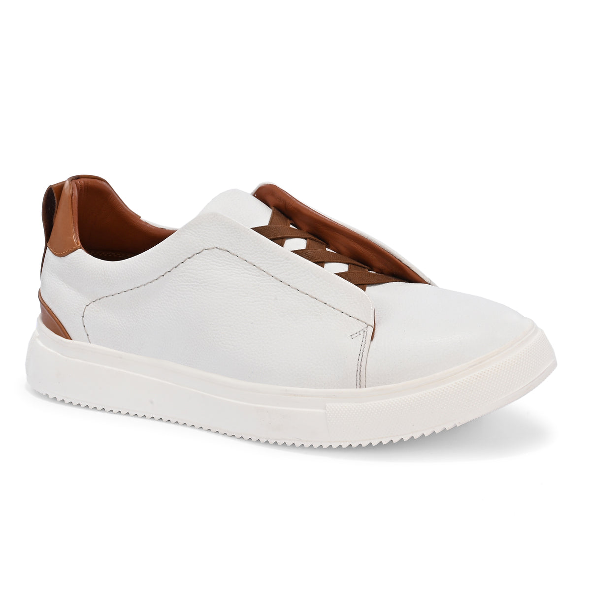 Men's White Italian Imported Calf Leather Sneakers with Brown Lace Detail | Memory Foam Cushioned Casual Shoes with Rubber Sole