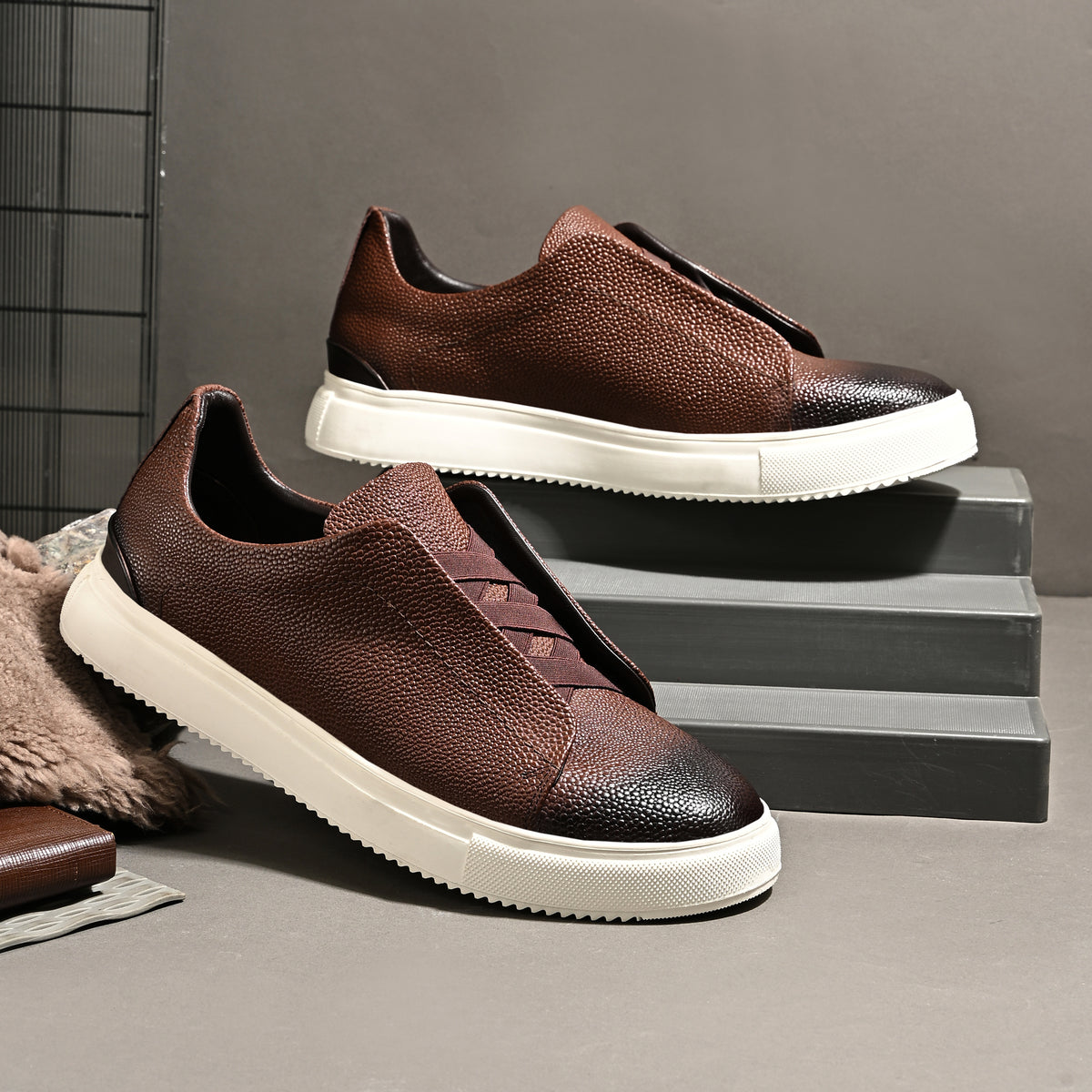 Men's brown Italian imported calf leather sneakers with textured finish, memory foam cushioning, and white rubber sole