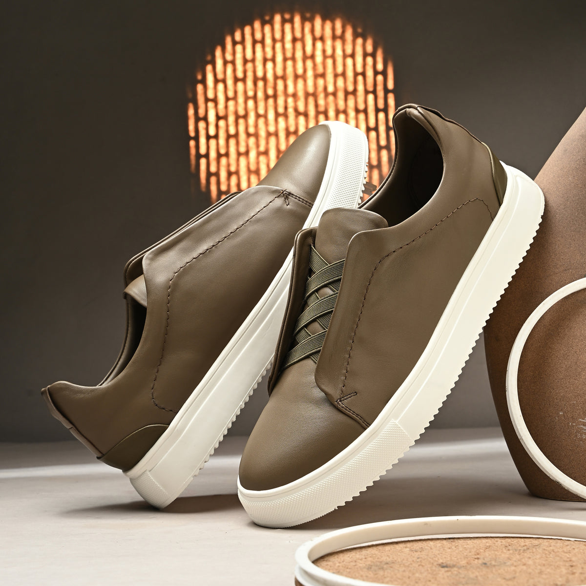 Men's taupe brown Italian imported calf leather sneakers with tonal laces, memory foam cushioning, and white rubber sole