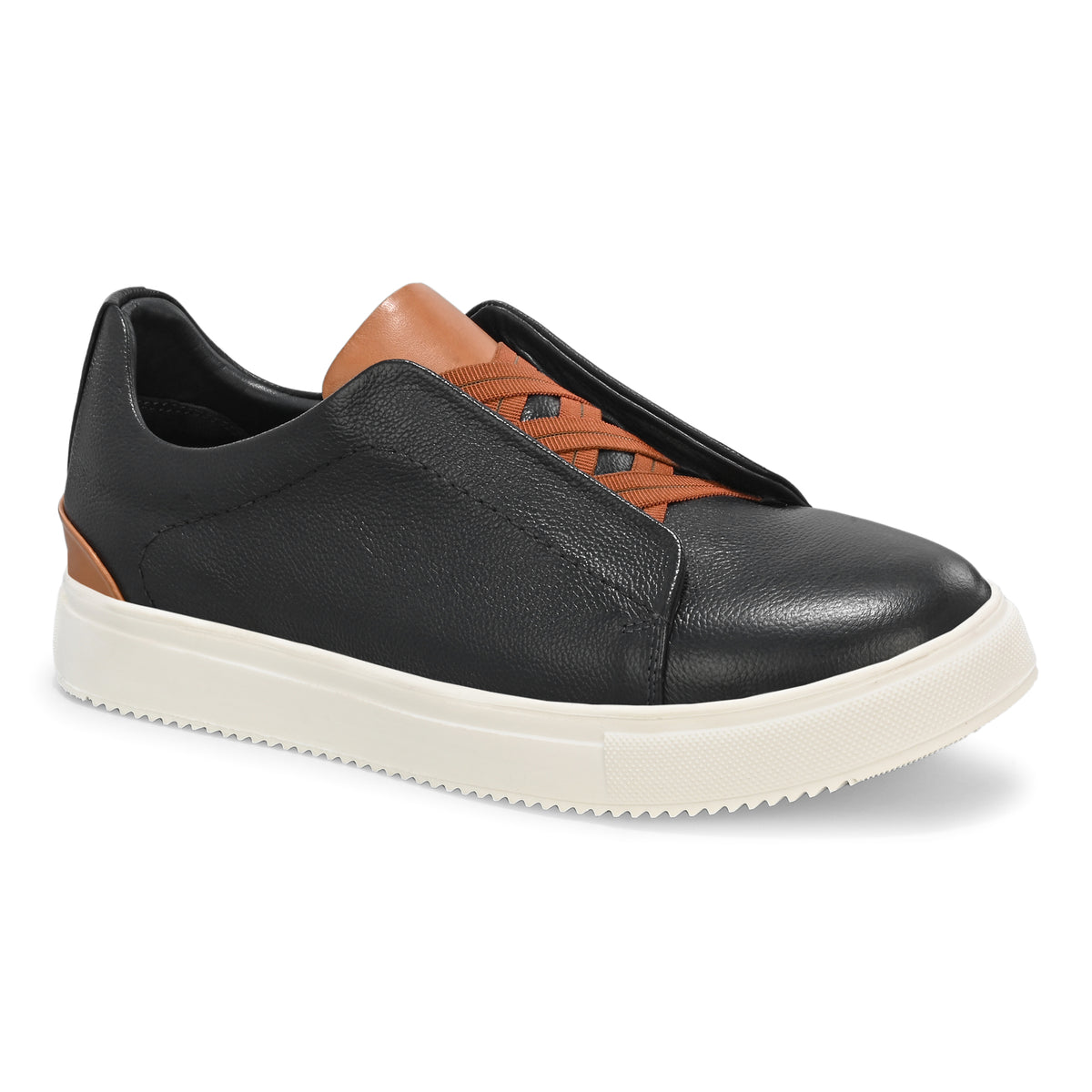 Men's Black Italian Imported Calf Leather Sneakers with Tan Laces | Memory Foam Cushioned Casual Shoes with Rubber Sole