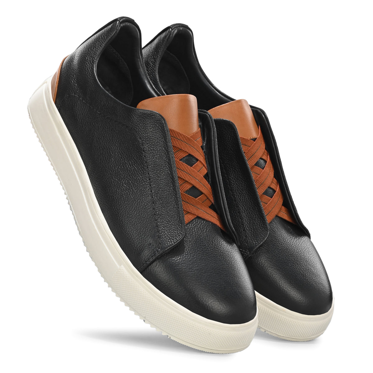 Men's Black Italian Imported Calf Leather Sneakers with Tan Laces | Memory Foam Cushioned Casual Shoes with Rubber Sole