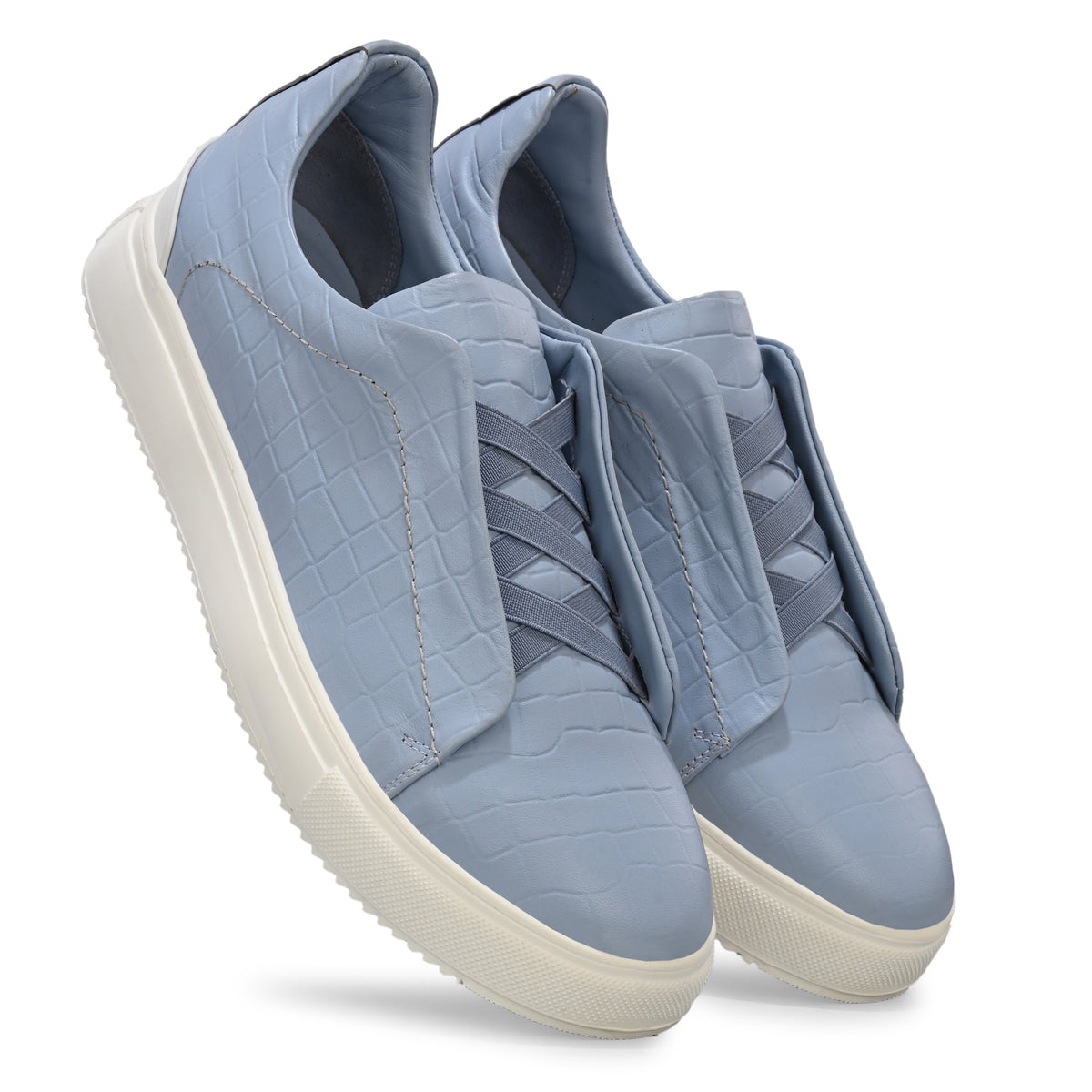 Men's Light Blue Italian Imported Calf Leather Sneakers | Memory Foam Cushioned Casual Shoes with Rubber Sole