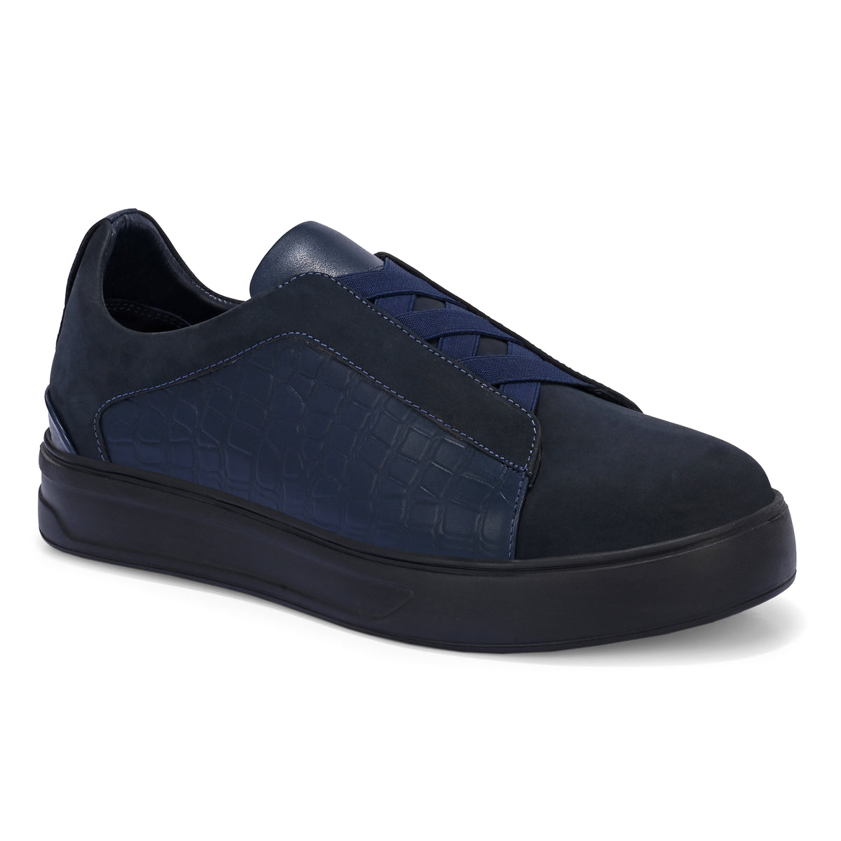 Men’s Black Italian Imported Calf Leather Casual Sneakers with Crocodile Texture, Memory Foam Cushioning & Rubber Sole