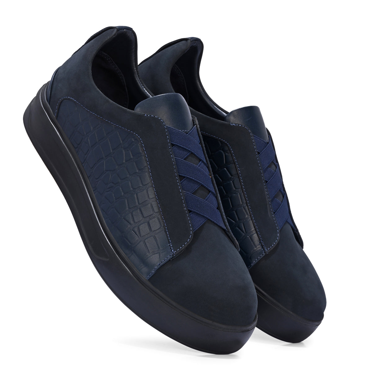 Men’s Black Italian Imported Calf Leather Casual Sneakers with Crocodile Texture, Memory Foam Cushioning & Rubber Sole