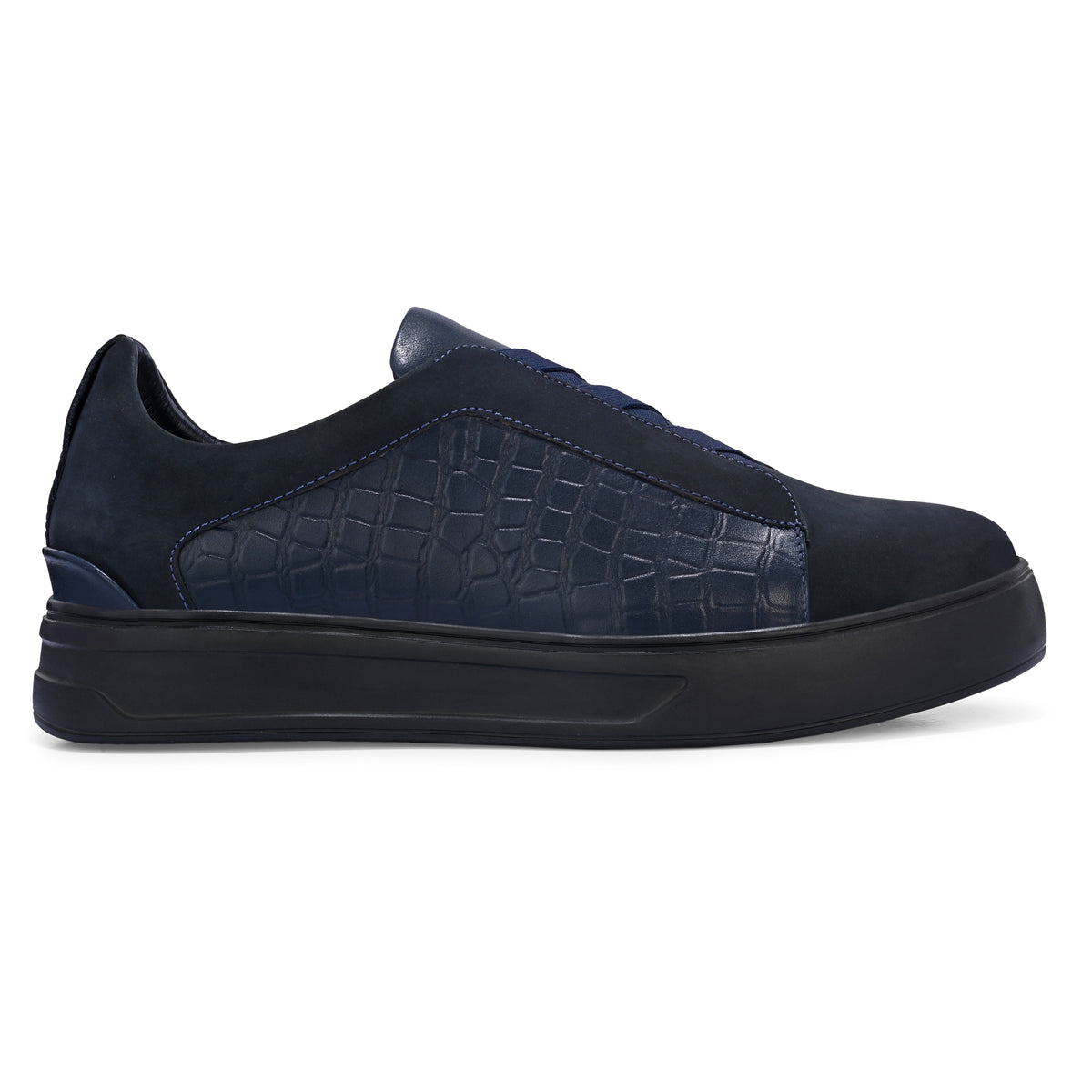 Men’s Black Italian Imported Calf Leather Casual Sneakers with Crocodile Texture, Memory Foam Cushioning & Rubber Sole