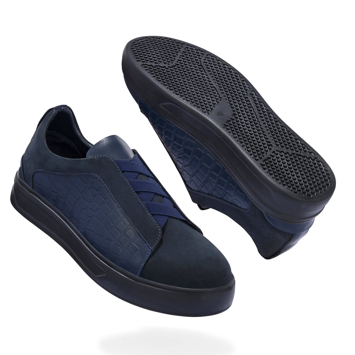 Men’s Black Italian Imported Calf Leather Casual Sneakers with Crocodile Texture, Memory Foam Cushioning & Rubber Sole