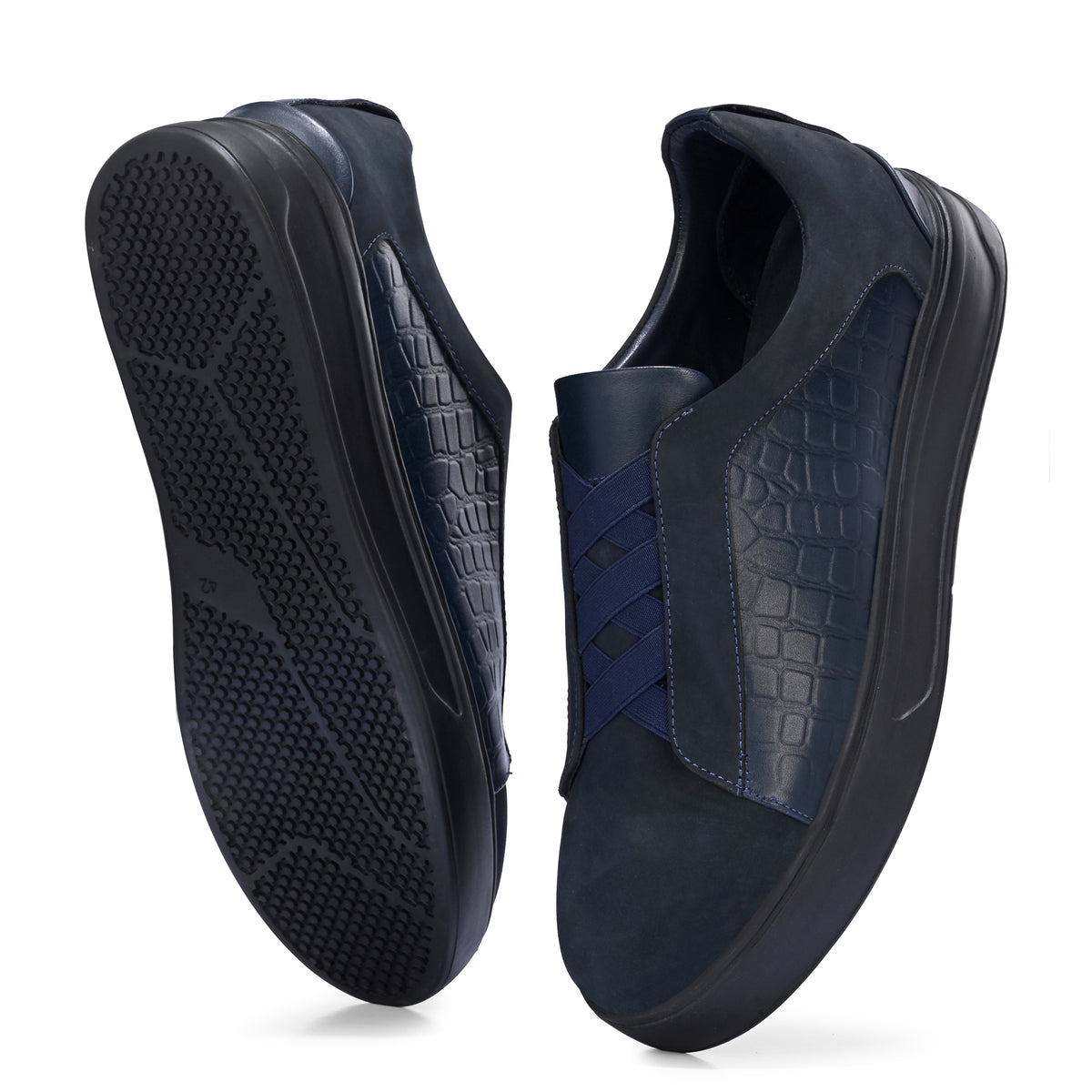Men’s Black Italian Imported Calf Leather Casual Sneakers with Crocodile Texture, Memory Foam Cushioning & Rubber Sole