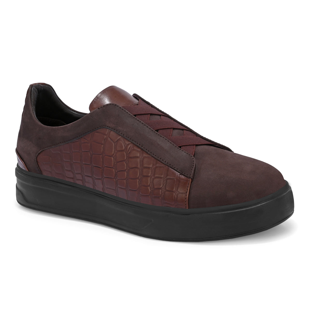 Men’s Brown Italian Imported Calf Leather Casual Sneakers with Textured Design, Memory Foam Cushioning & Rubber Sole
