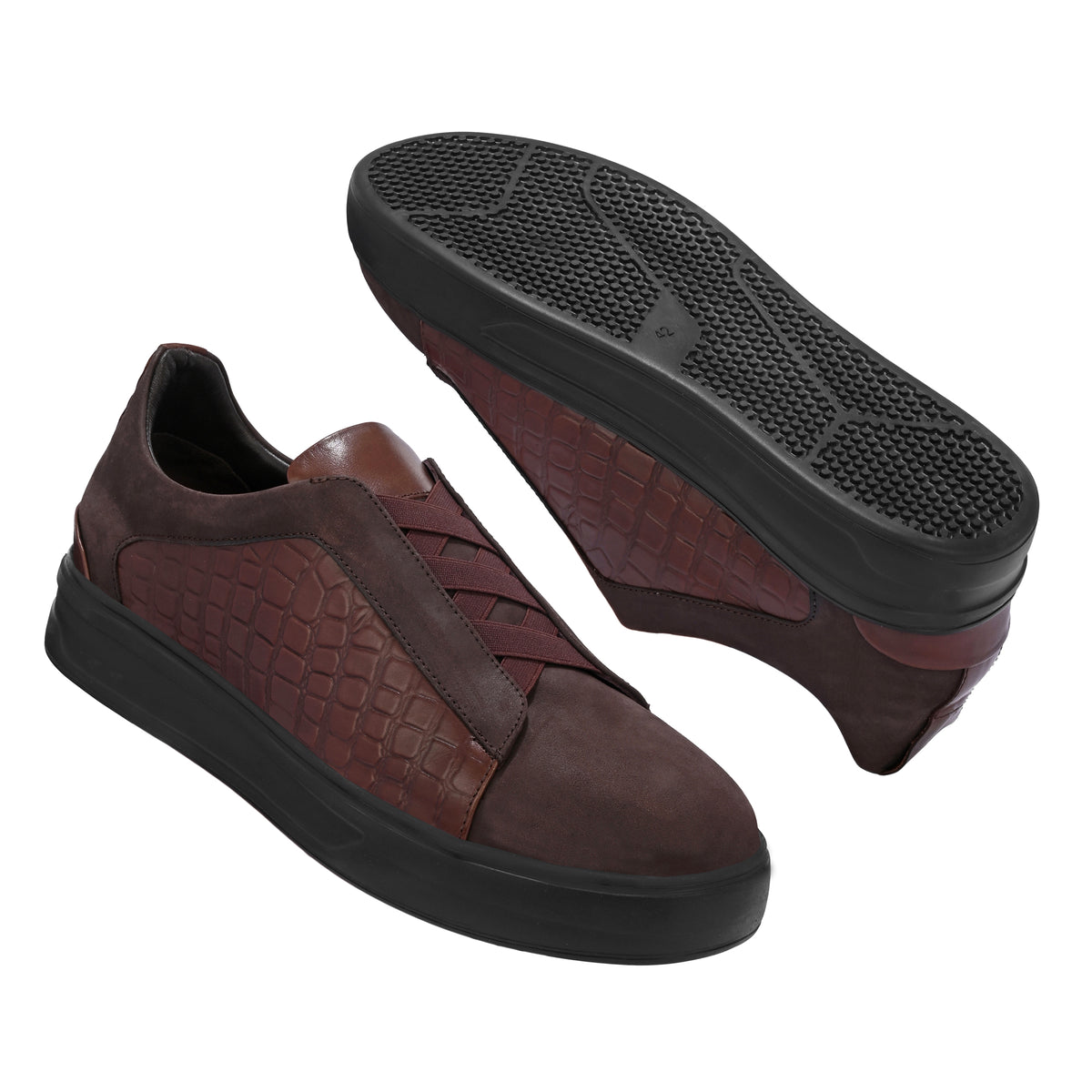 Men’s Brown Italian Imported Calf Leather Casual Sneakers with Textured Design, Memory Foam Cushioning & Rubber Sole