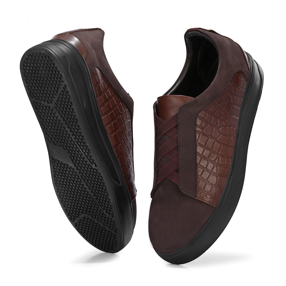 Men’s Brown Italian Imported Calf Leather Casual Sneakers with Textured Design, Memory Foam Cushioning & Rubber Sole