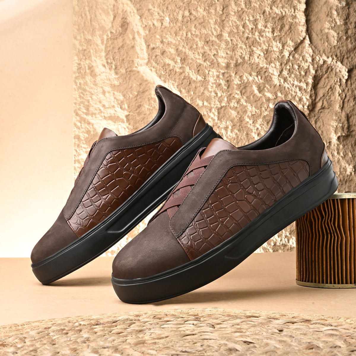 Men’s brown Italian imported calf leather casual sneakers with embossed textured side panels, memory foam cushioning and durable rubber sole.