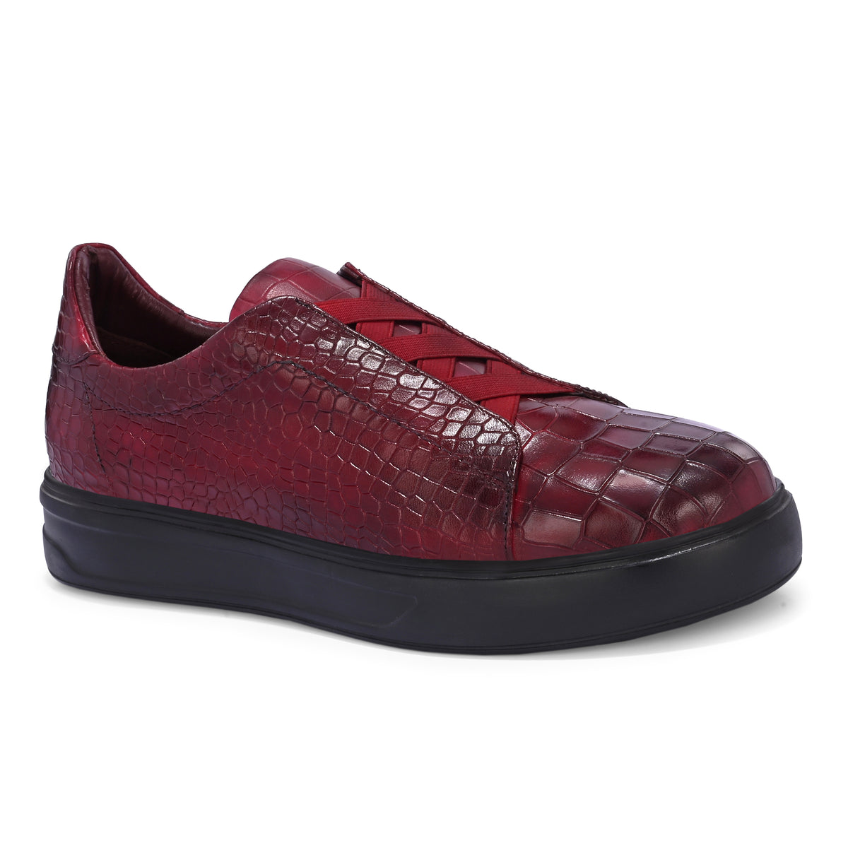 Men’s Burgundy Italian Imported Calf Leather Sneakers with Embossed Crocodile Texture, Memory Foam & Rubber Sole