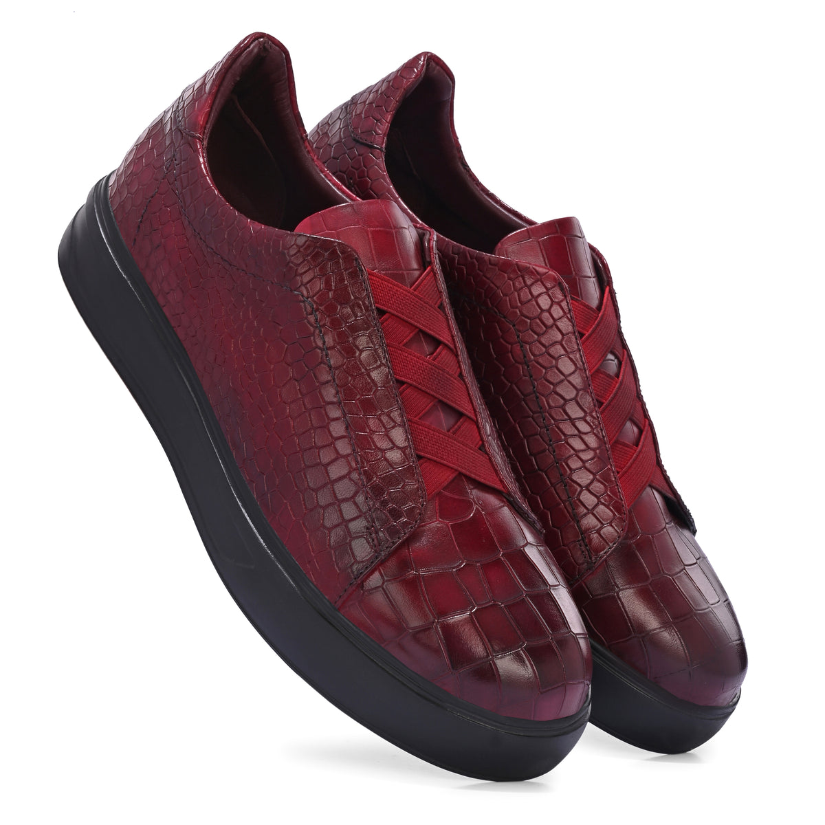 Men’s Burgundy Italian Imported Calf Leather Sneakers with Embossed Crocodile Texture, Memory Foam & Rubber Sole
