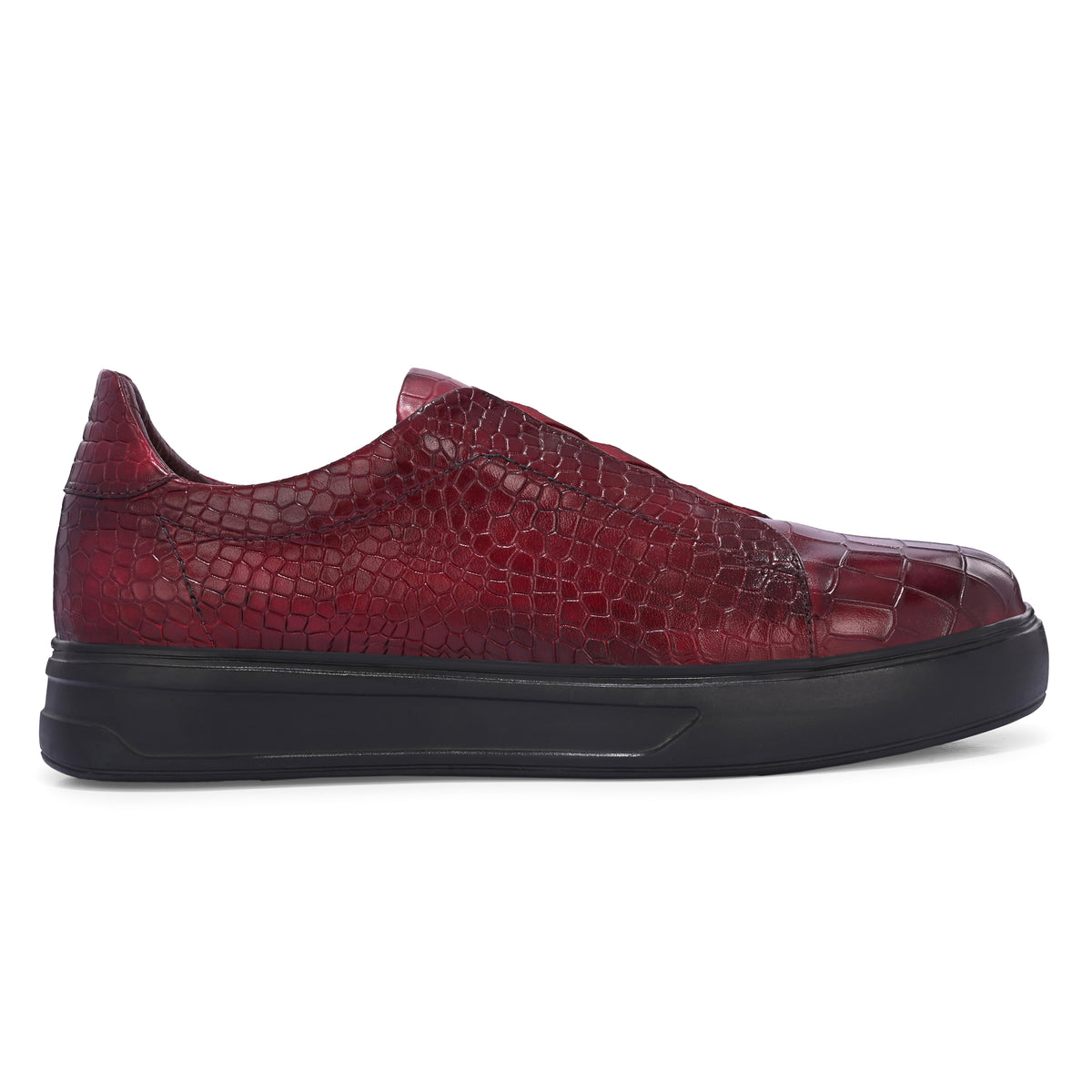 Men’s Burgundy Italian Imported Calf Leather Sneakers with Embossed Crocodile Texture, Memory Foam & Rubber Sole