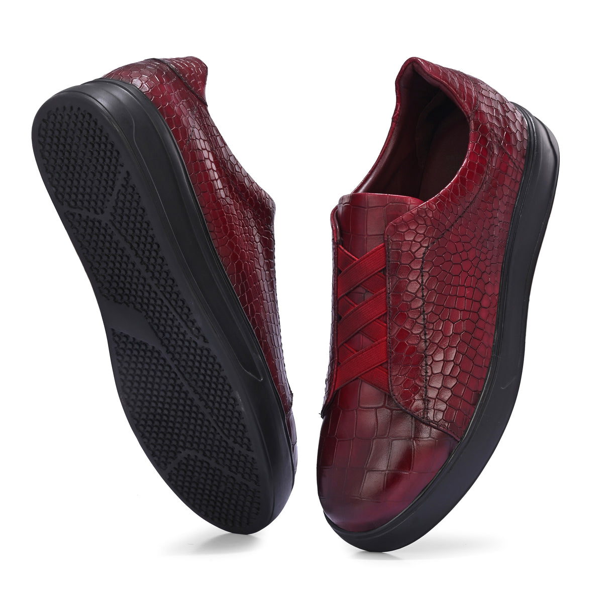 Men’s Burgundy Italian Imported Calf Leather Sneakers with Embossed Crocodile Texture, Memory Foam & Rubber Sole