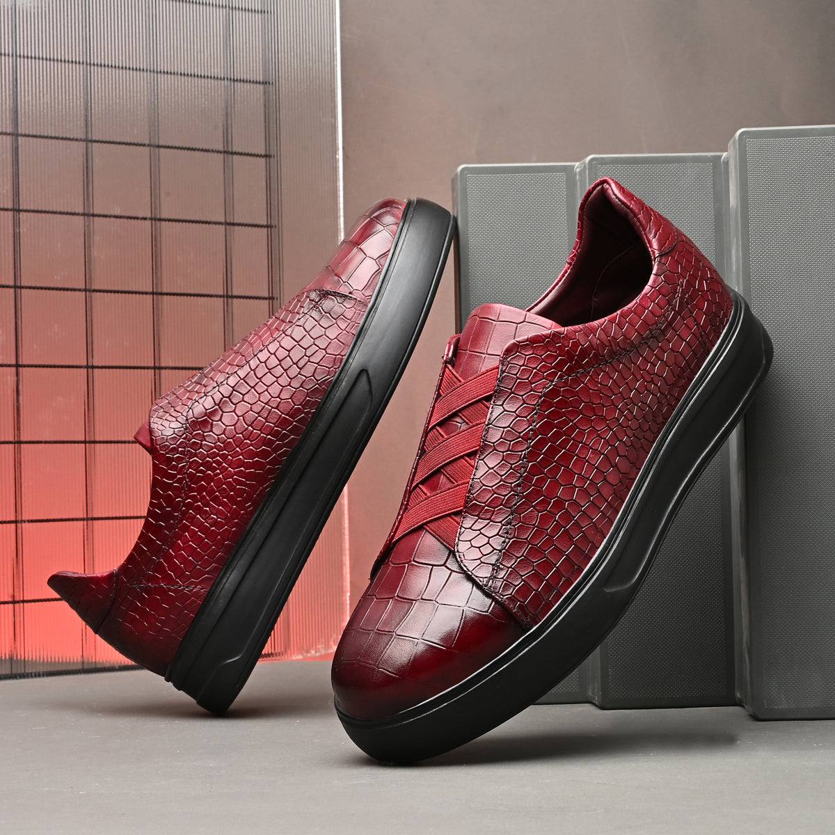 Men’s burgundy Italian imported calf leather sneakers with embossed crocodile texture, memory foam cushioned interior and durable rubber sole.