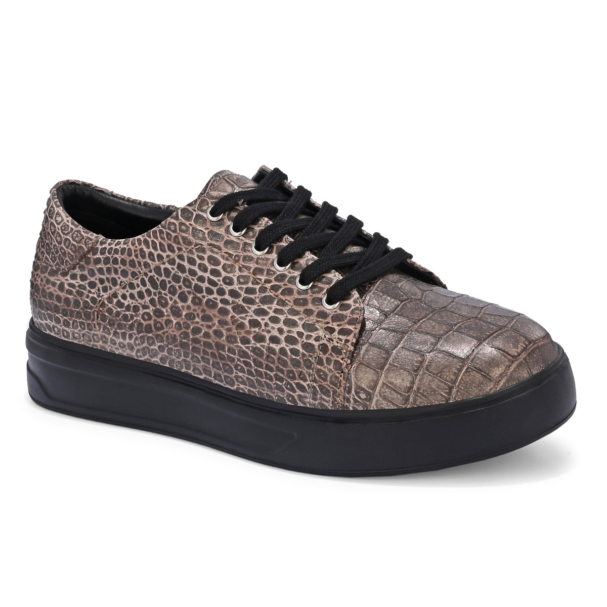 Men’s Premium Brown Italian Imported Calf Leather Sneakers | Crocodile Texture, Memory Foam & Rubber Sole