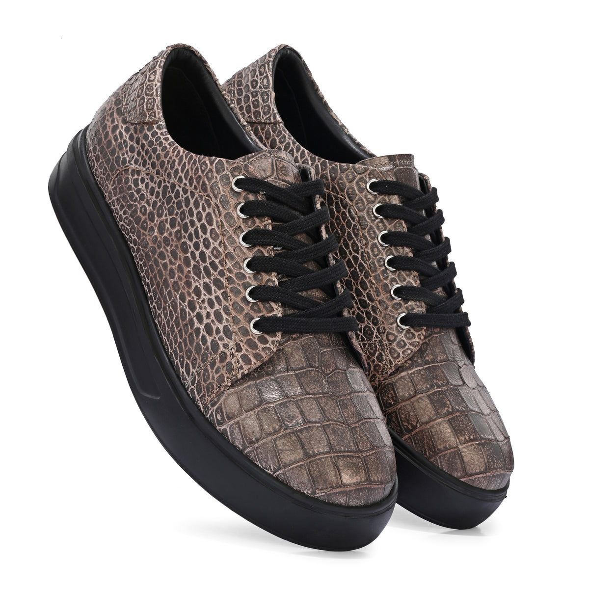 Men’s Premium Brown Italian Imported Calf Leather Sneakers | Crocodile Texture, Memory Foam & Rubber Sole