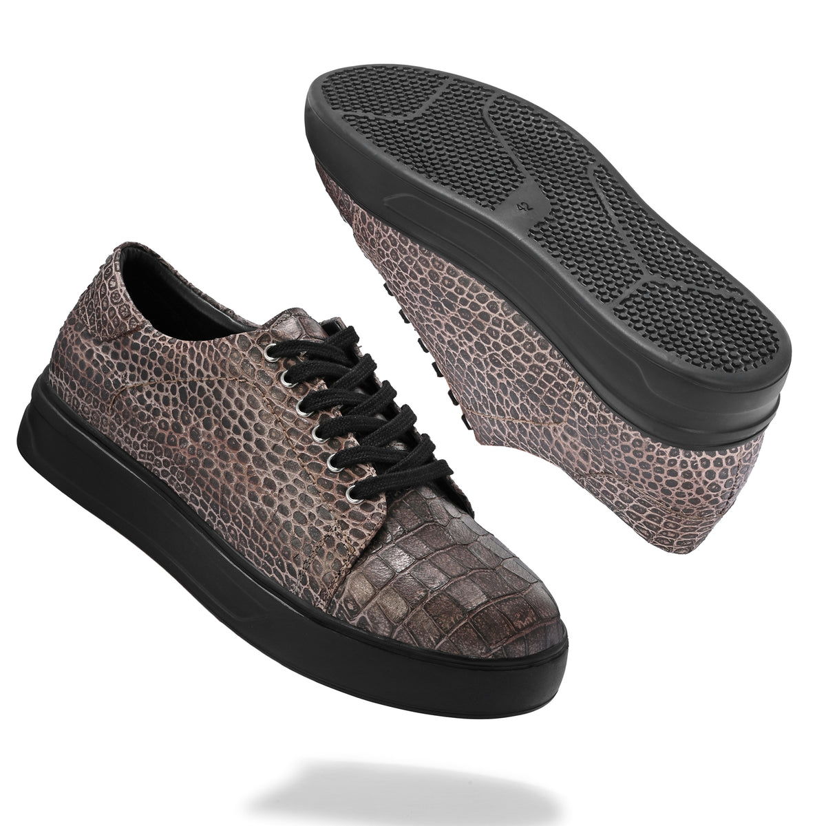 Men’s Premium Brown Italian Imported Calf Leather Sneakers | Crocodile Texture, Memory Foam & Rubber Sole