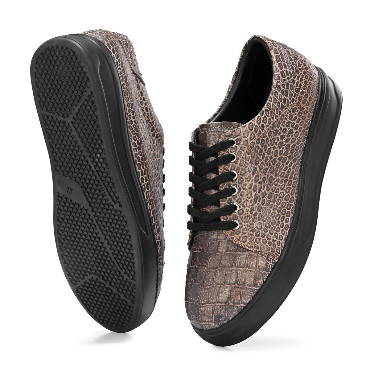 Men’s Premium Brown Italian Imported Calf Leather Sneakers | Crocodile Texture, Memory Foam & Rubber Sole